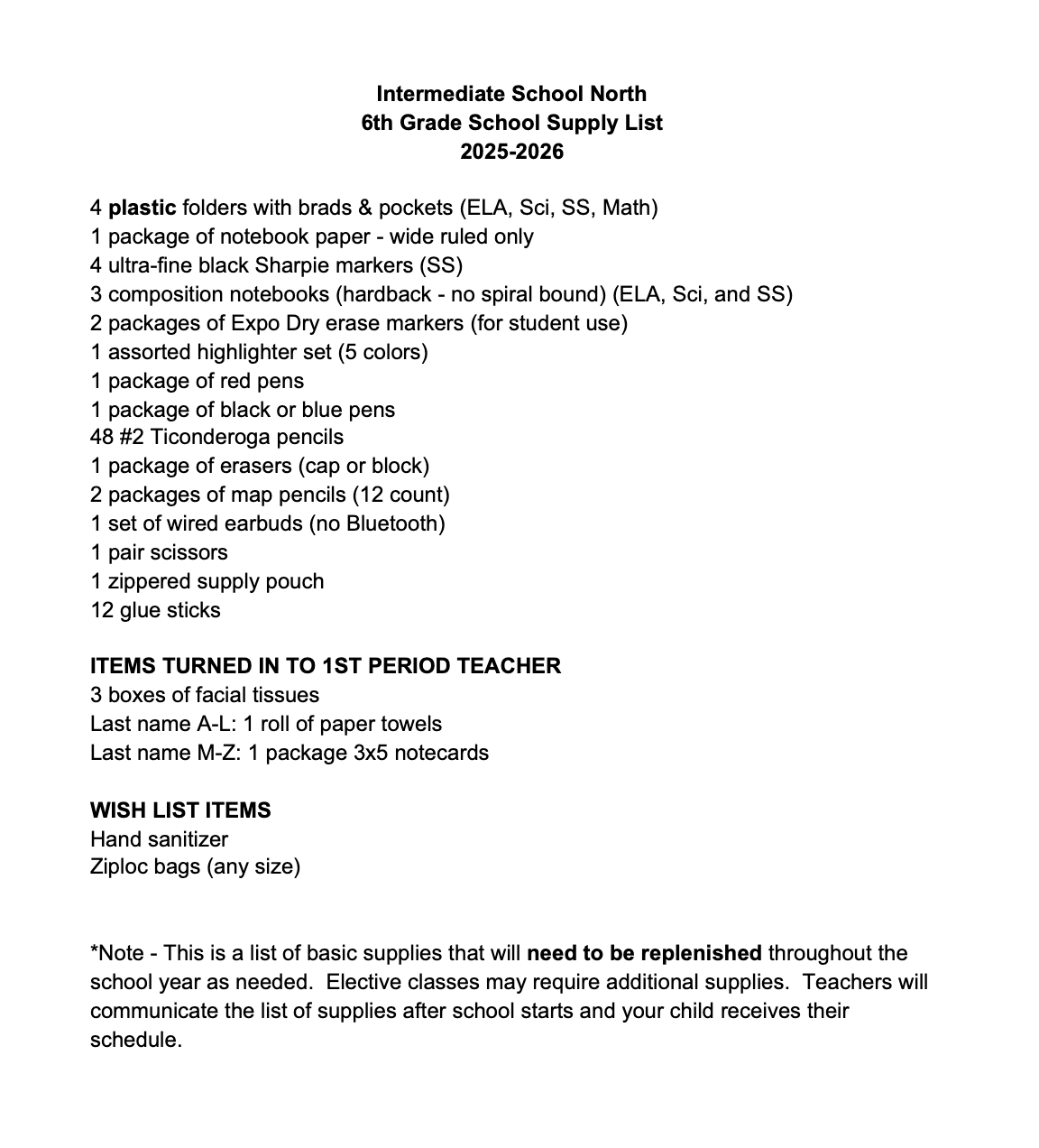 Intermediate School North 6th Grade